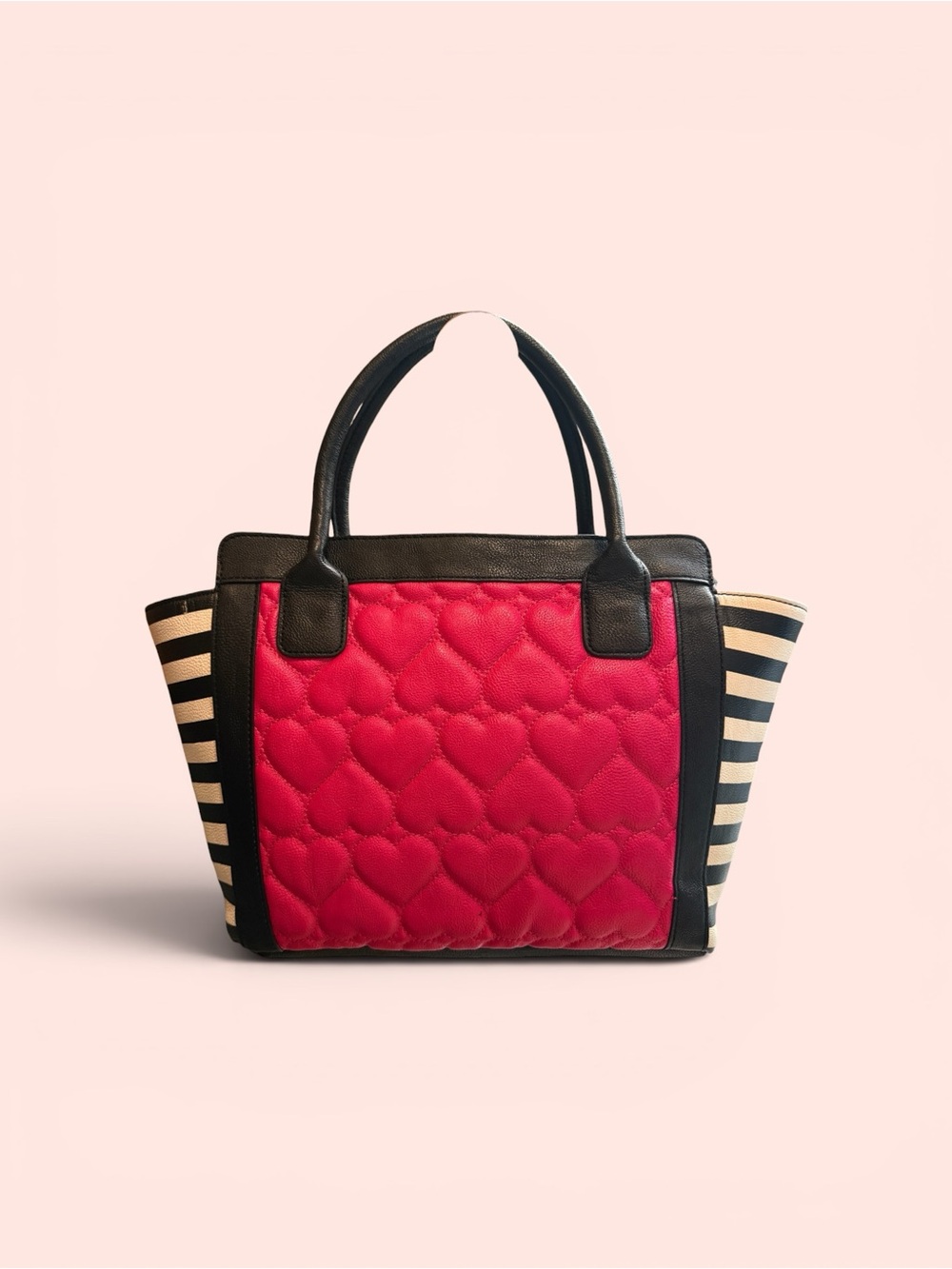 Betsey Johnson Quilted Pink Heart Tote Bag with Black and White Striped Sides - Picture 2 of 9
